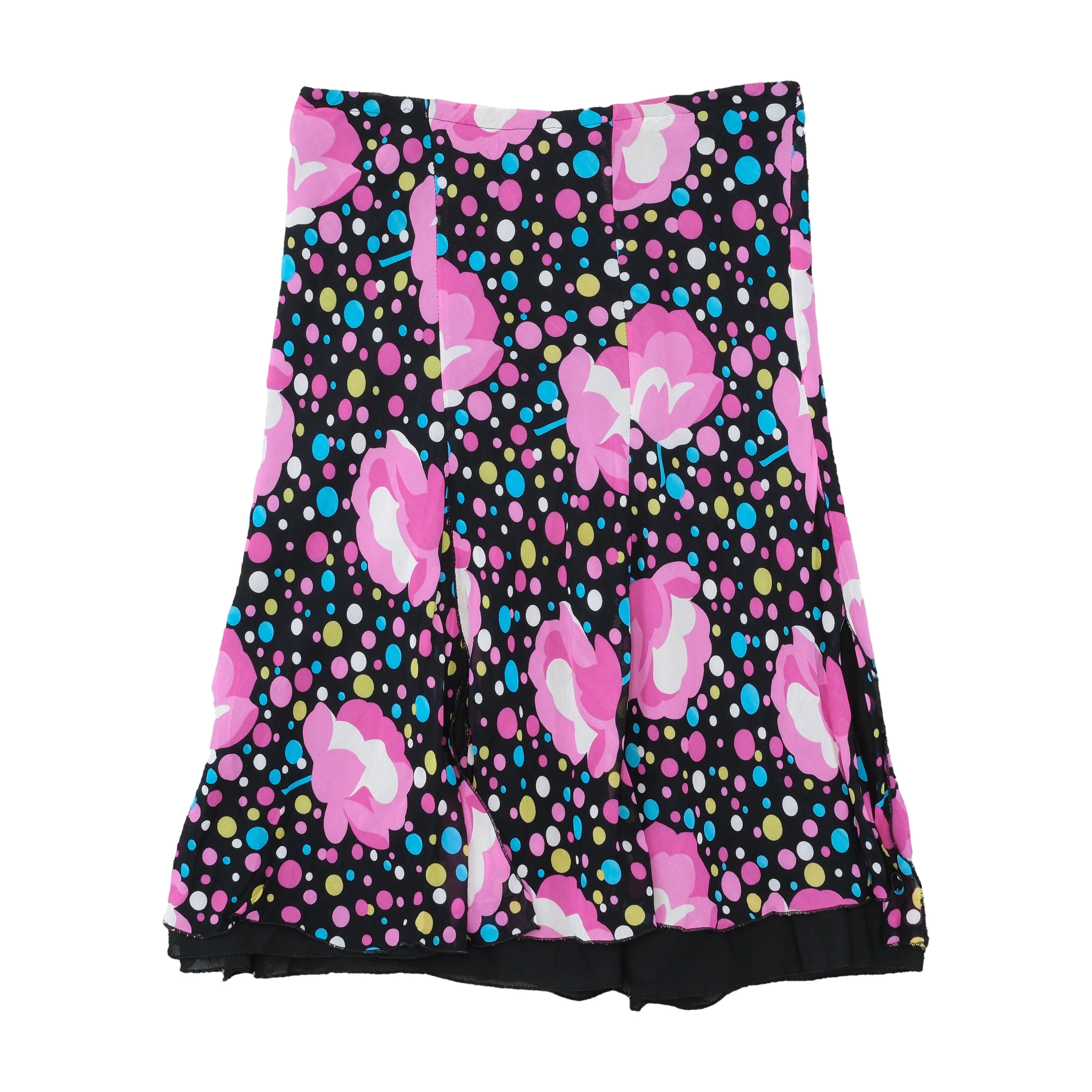 Multicolor Polka Dot and Pink Floral Paneled Flowy Midi Skirt