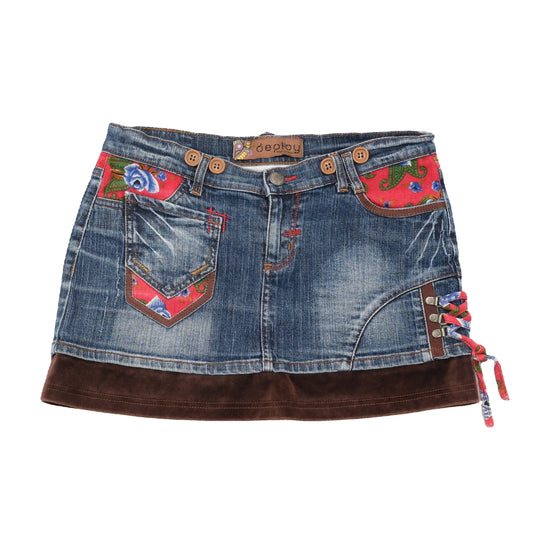Mini saia Deploy em ganga com Patchwork floral