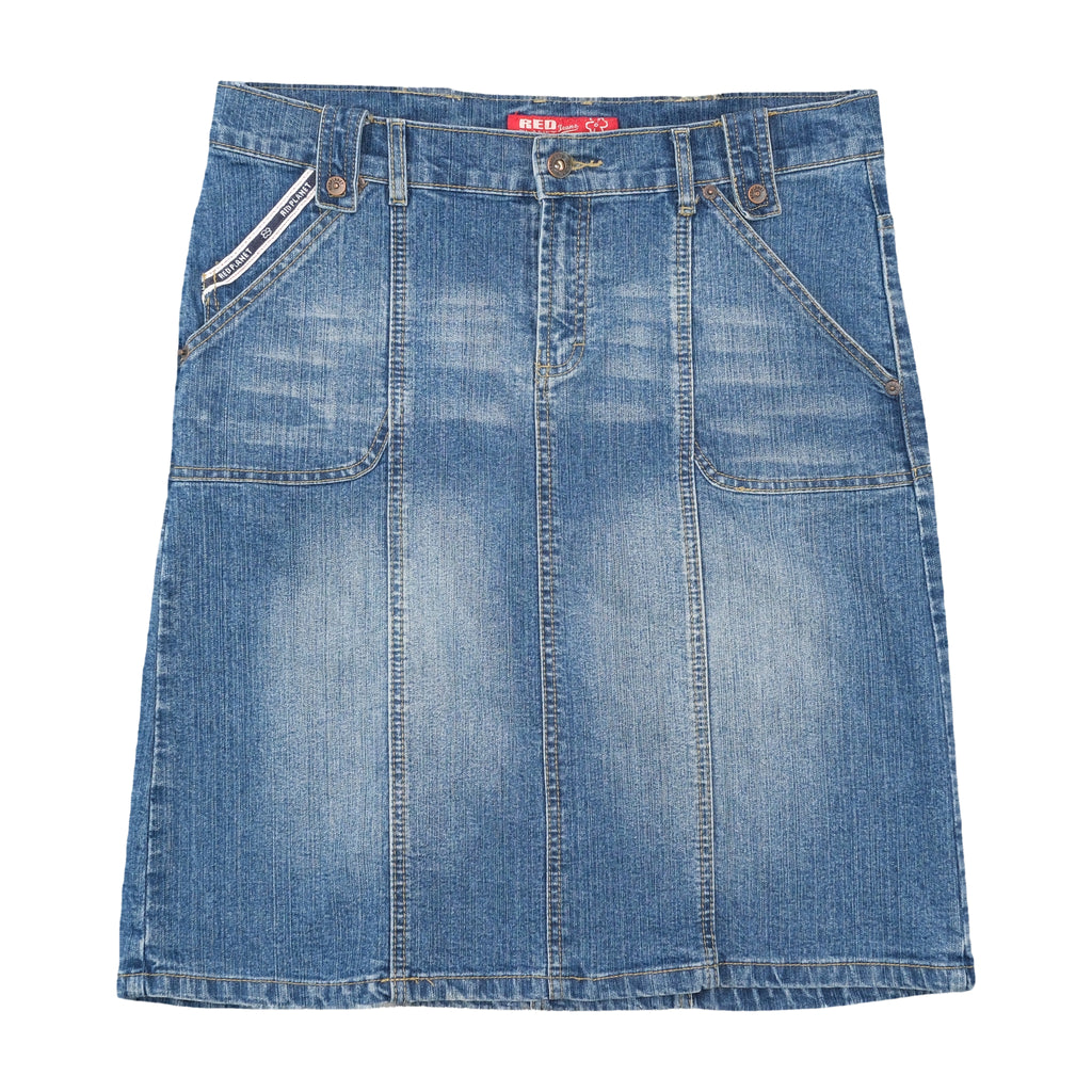 Red Planet Panelled Medium Wash Cotton Denim Utility Skirt