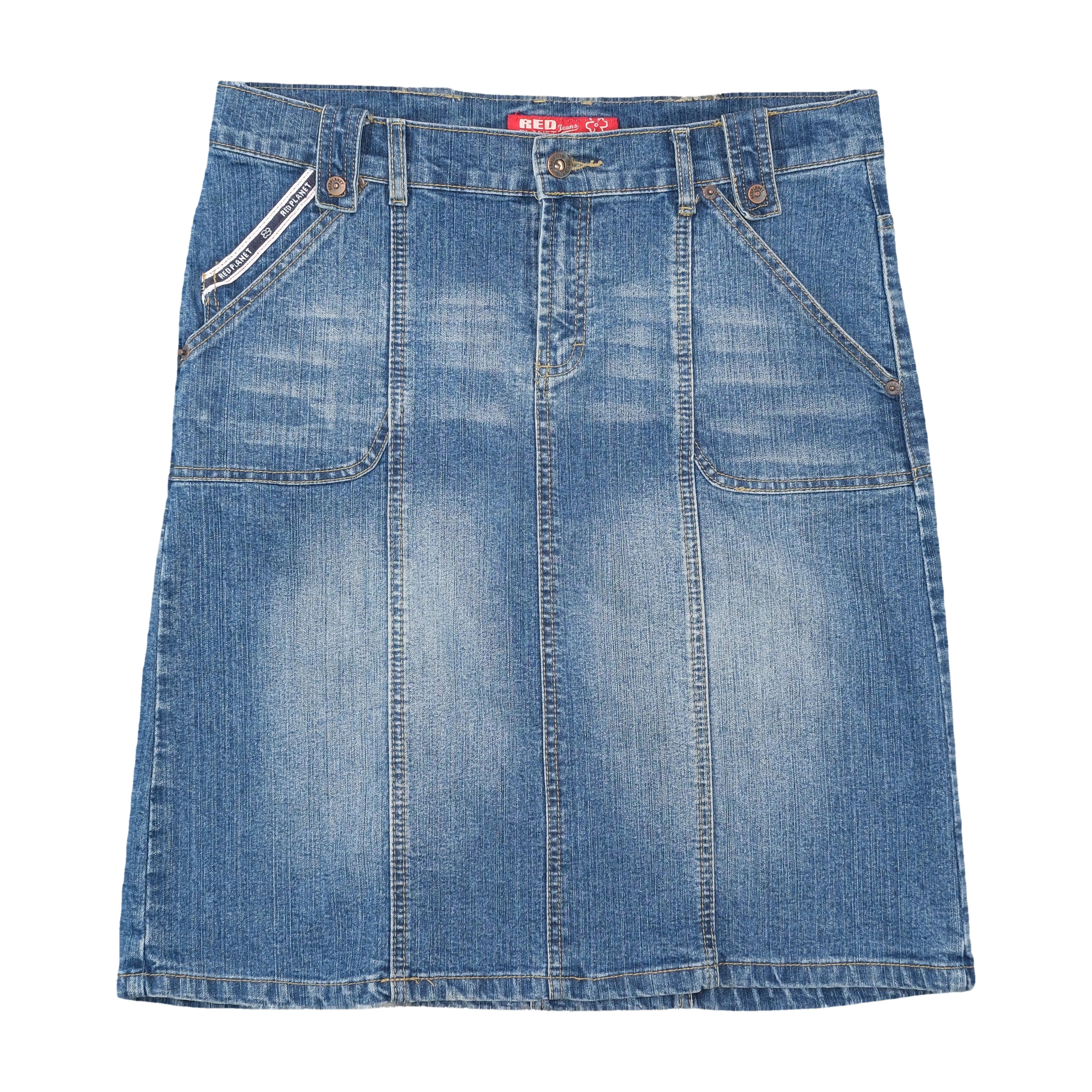 Red Planet Panelled Medium Wash Cotton Denim Utility Skirt