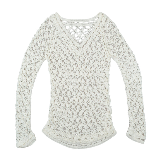 Open Knit Crochet V-Neck Sweater