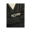 Miss Sixty Pinstripe Pleated Sleeveless Belted V-Neck Dress