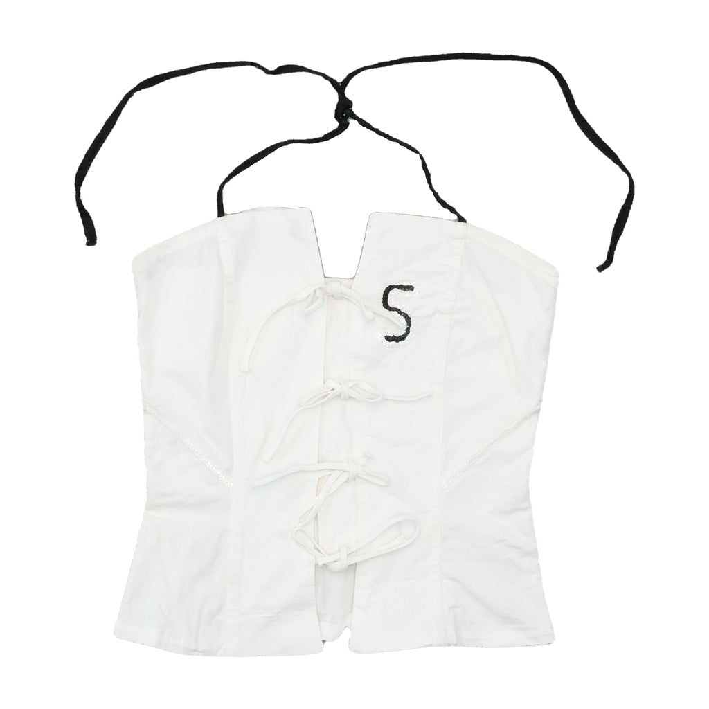 White Corset Top with Black Striped Trim and Lace-Up Detail