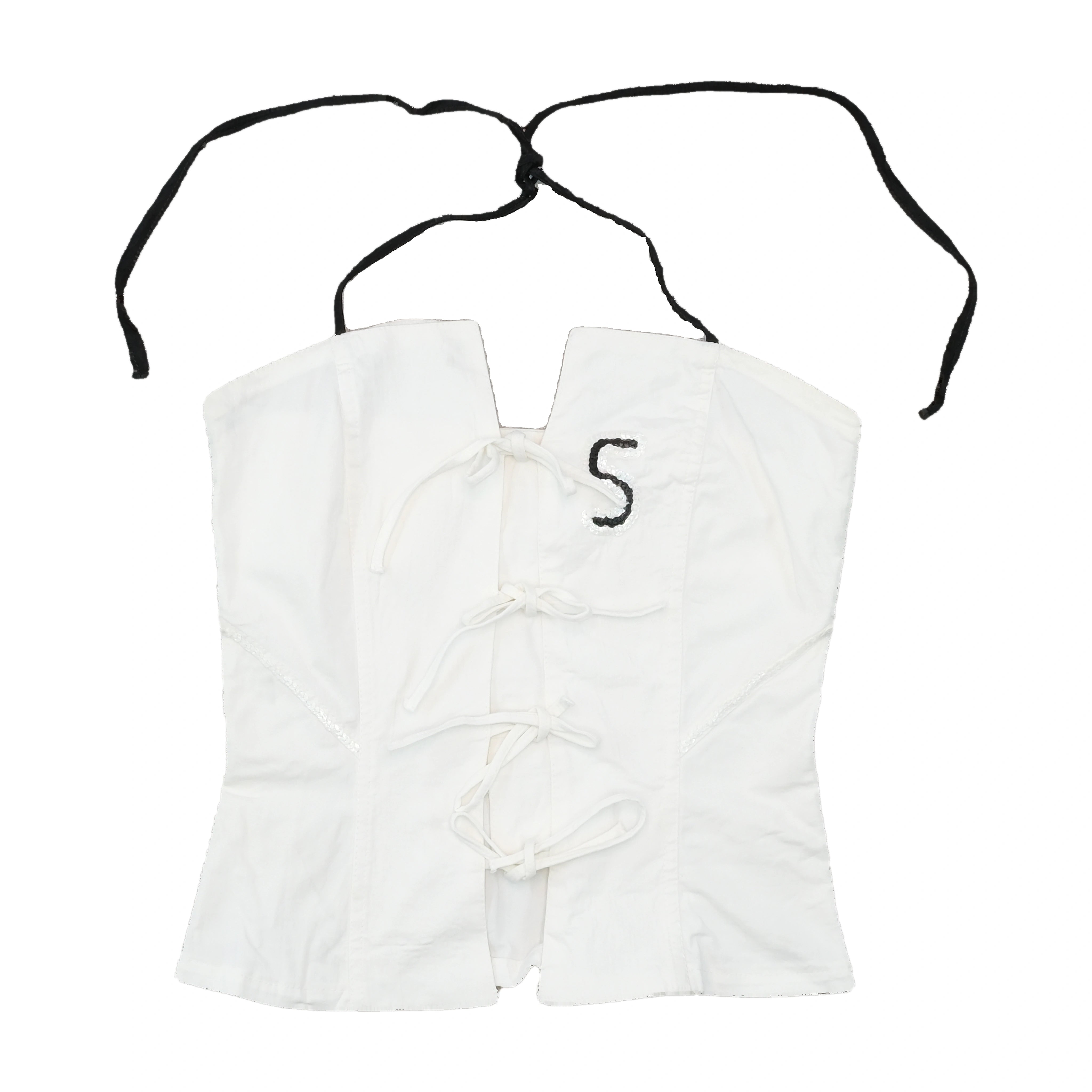 White Corset Top with Black Striped Trim and Lace-Up Detail