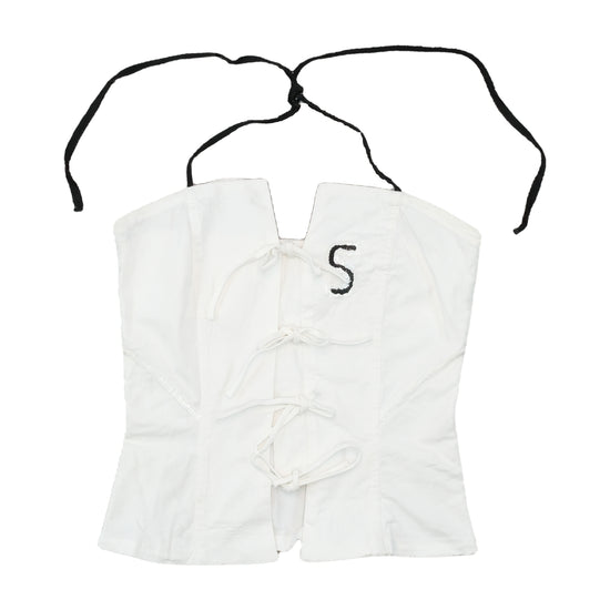 White Corset Top with Black Striped Trim and Lace-Up Detail (Festa Branca)