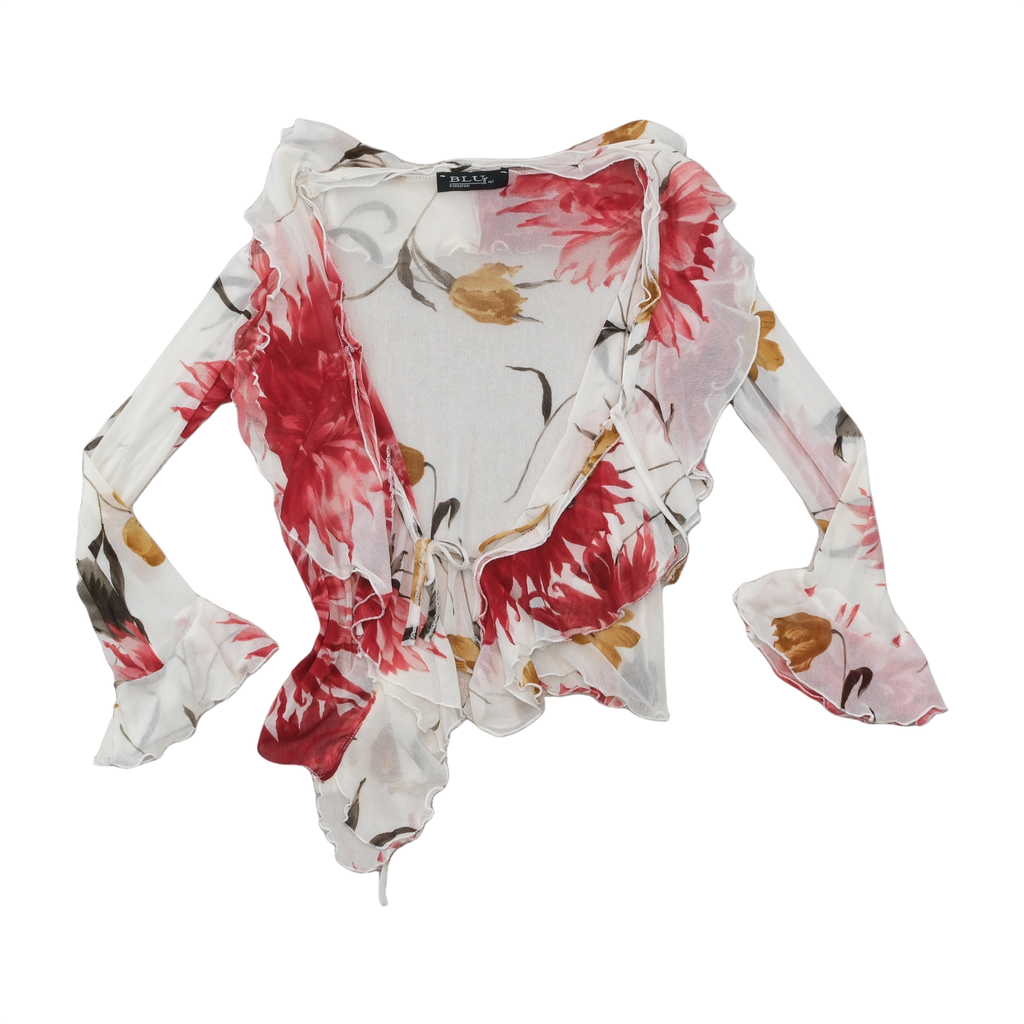 BLU In Firenze Sheer Floral Ruffle Tie Front Blouse