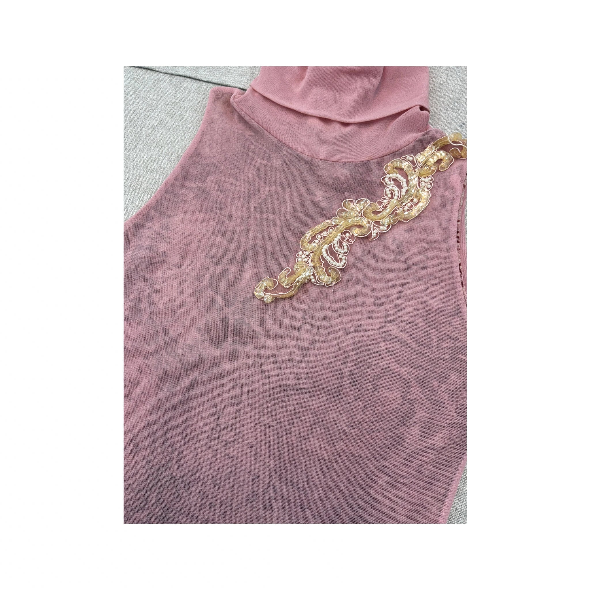 Top de alças Transparente vintage rosa em Rede com gola alta Adornada