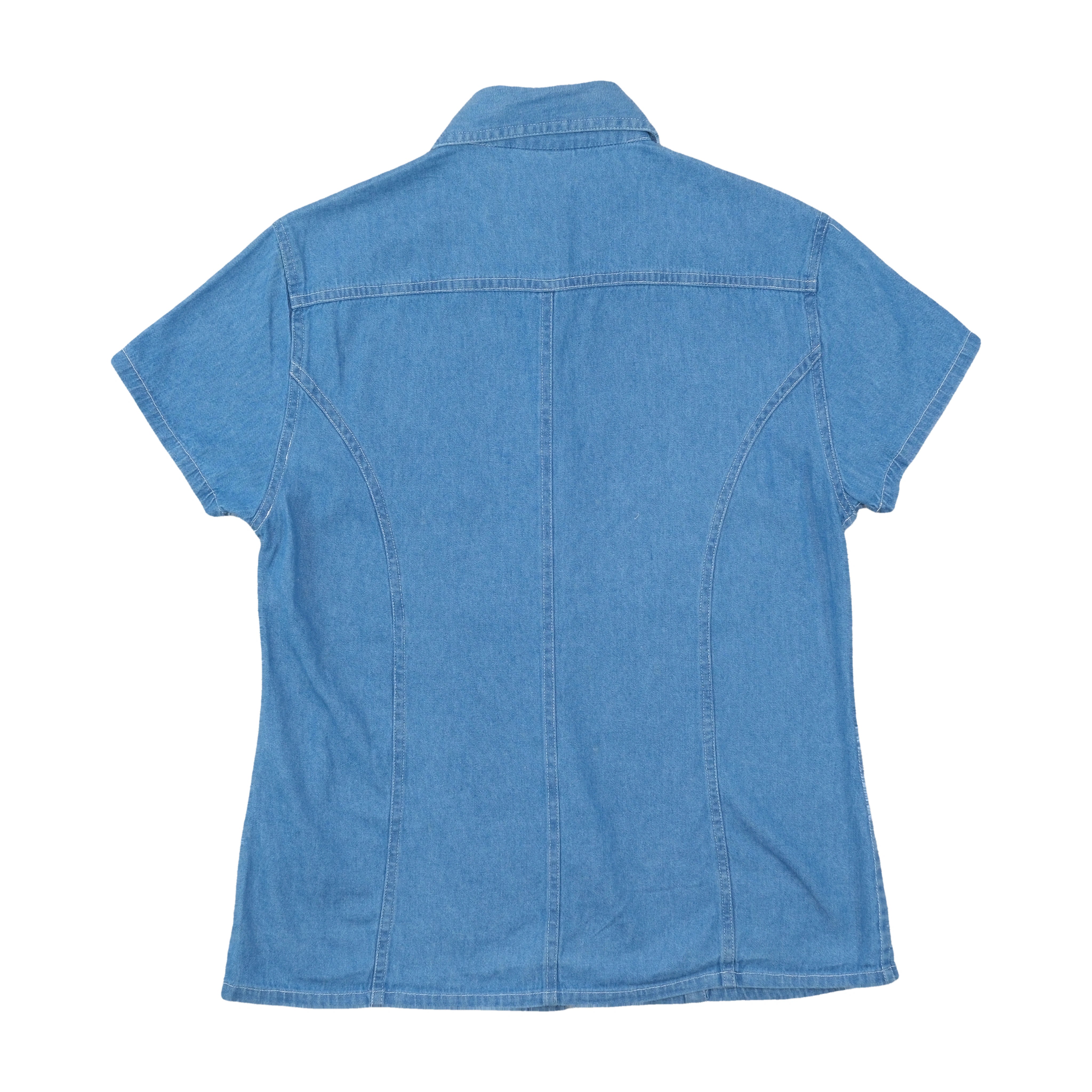Blue Jeans Basic Distressed Wash Button-Up Short Sleeve Shirt