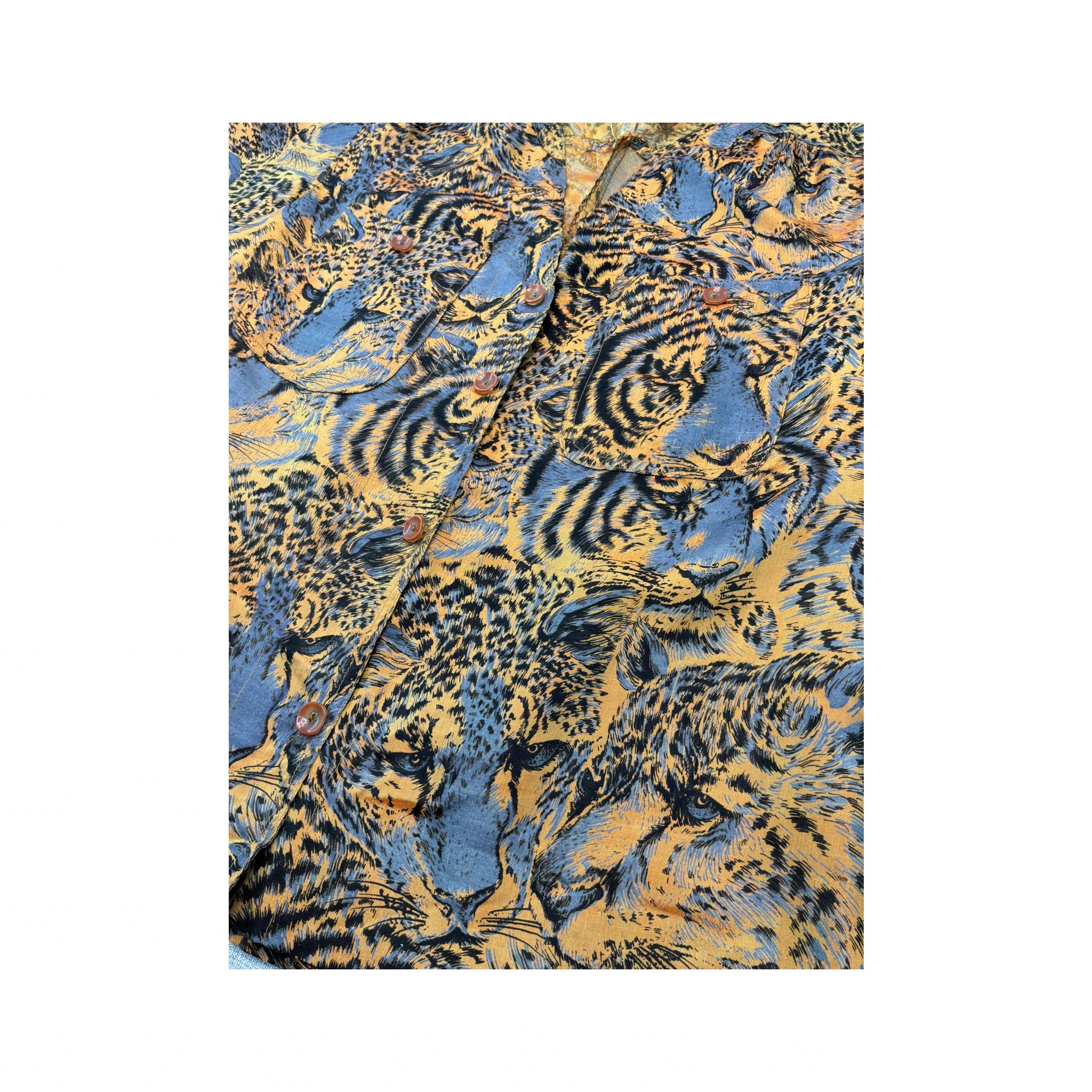 Vintage Orange & Blue Animal Print Short Sleeve Button Up Shirt