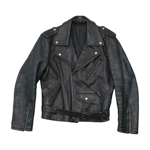 Casaco de Motard vintage em pele preta com Cinto