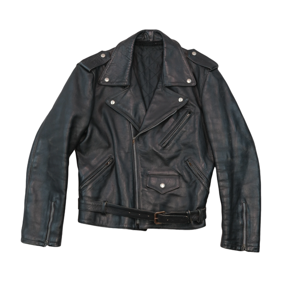 Vintage Black Leather Belted Moto Jacket