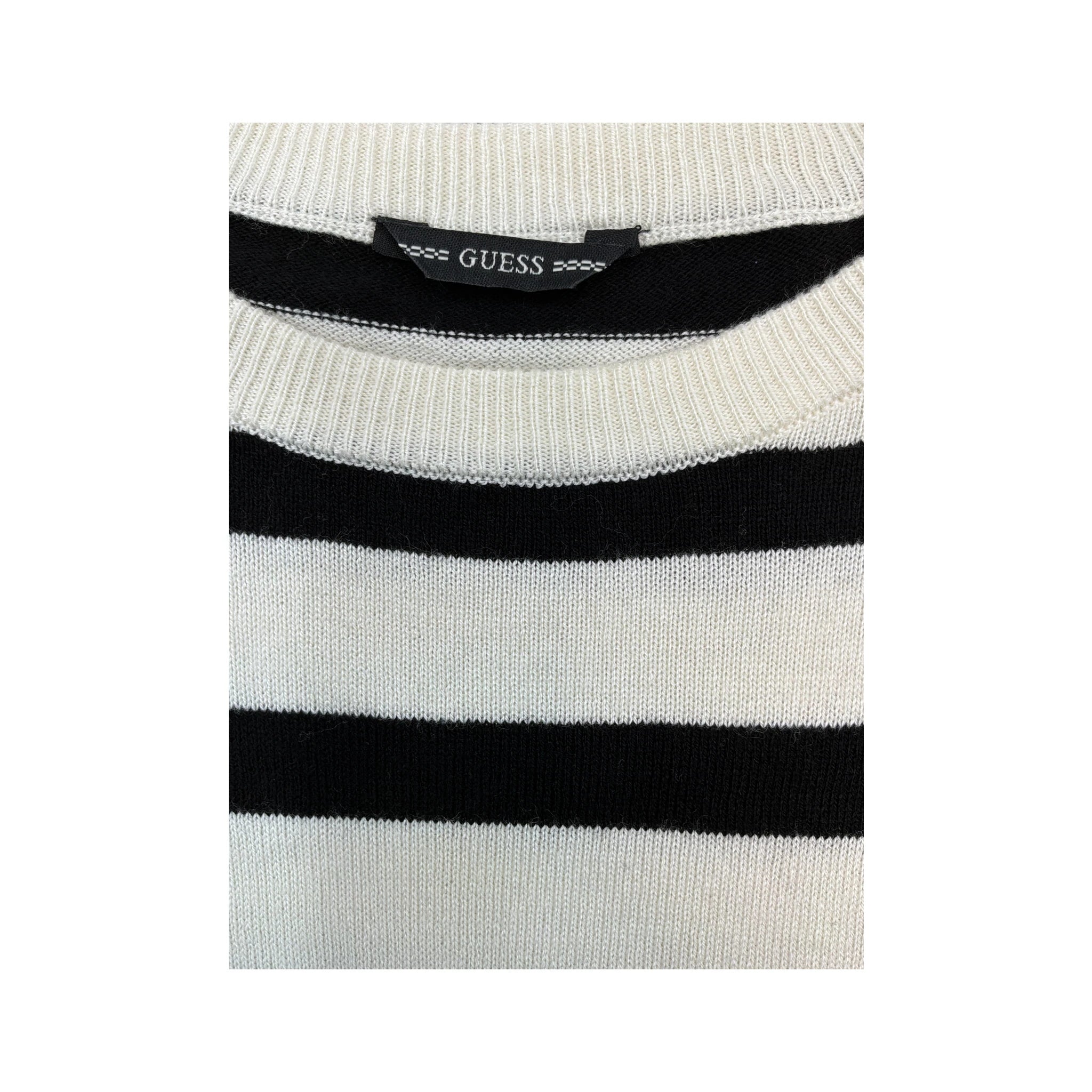 Guess Black and White Striped Lace-Trim Rhinestone G Knit Sweater