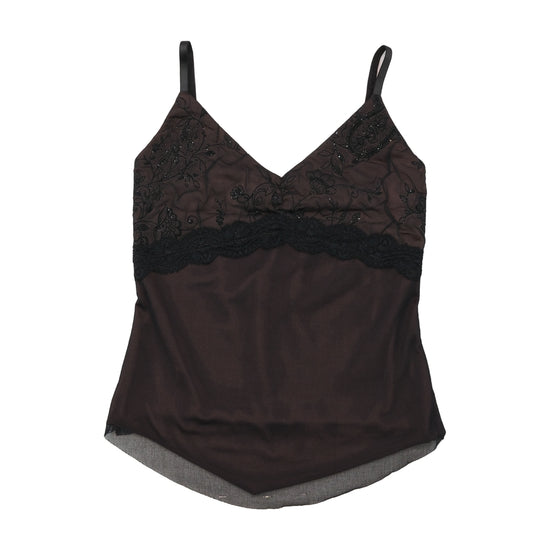 Vintage Brown Sheer Lace Beaded Cami Tank Top