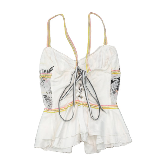 Vintage White Satin Corset Style Ruffle Hem Tank Top