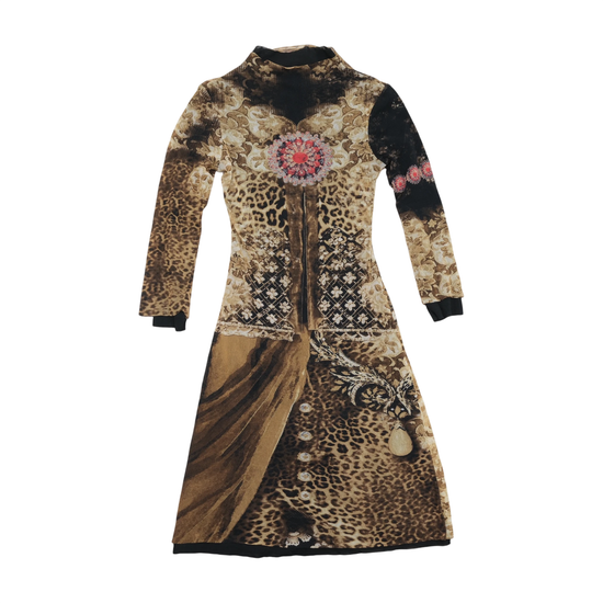ANIYE BY Brown Baroque Leopard Patchwork Mesh Mock Neck Dress