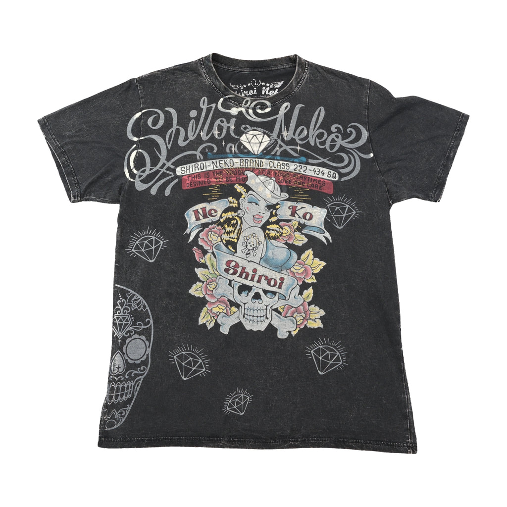 T-shirt Shiroi Neko em algodão com estampado de Caveira e Pinup