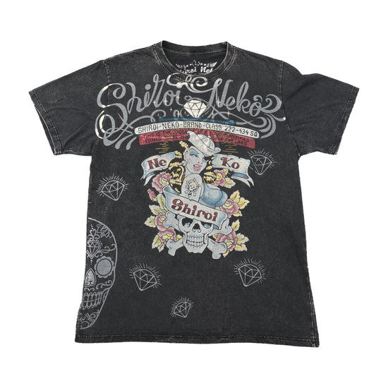 T-shirt Shiroi Neko de Algodão com Gráfico de Caveira Pinup