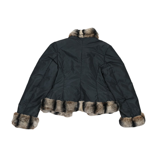 Black Puffer Jacket with Fur Trim Collar, Cuffs & Hem