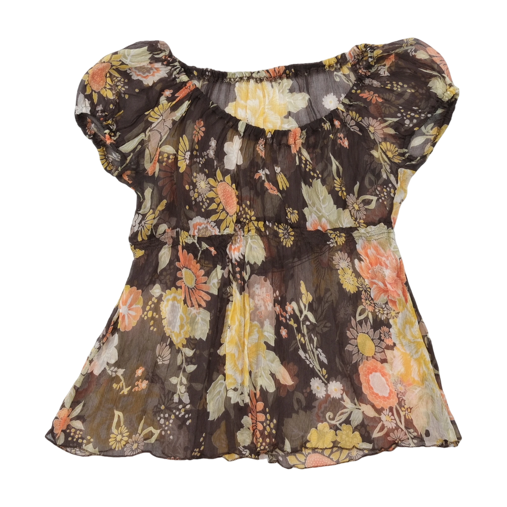 Sheer Floral Babydoll Tunic Blouse with Puff Sleeves