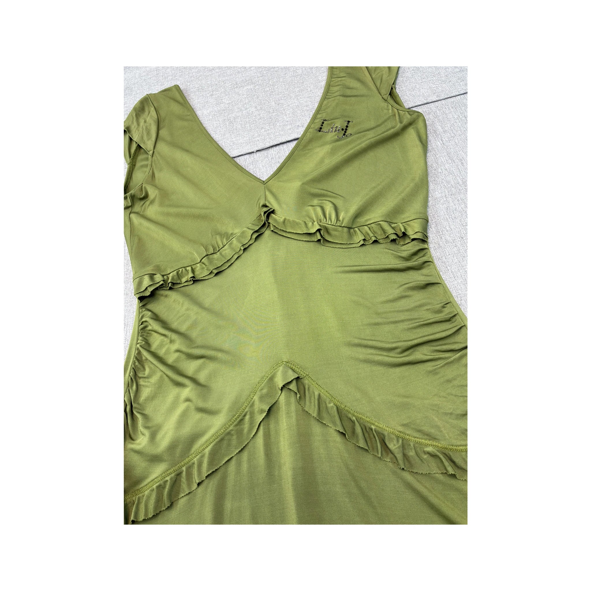 Liu Jeans Ruched Ruffle V-Neck Viscose Dress