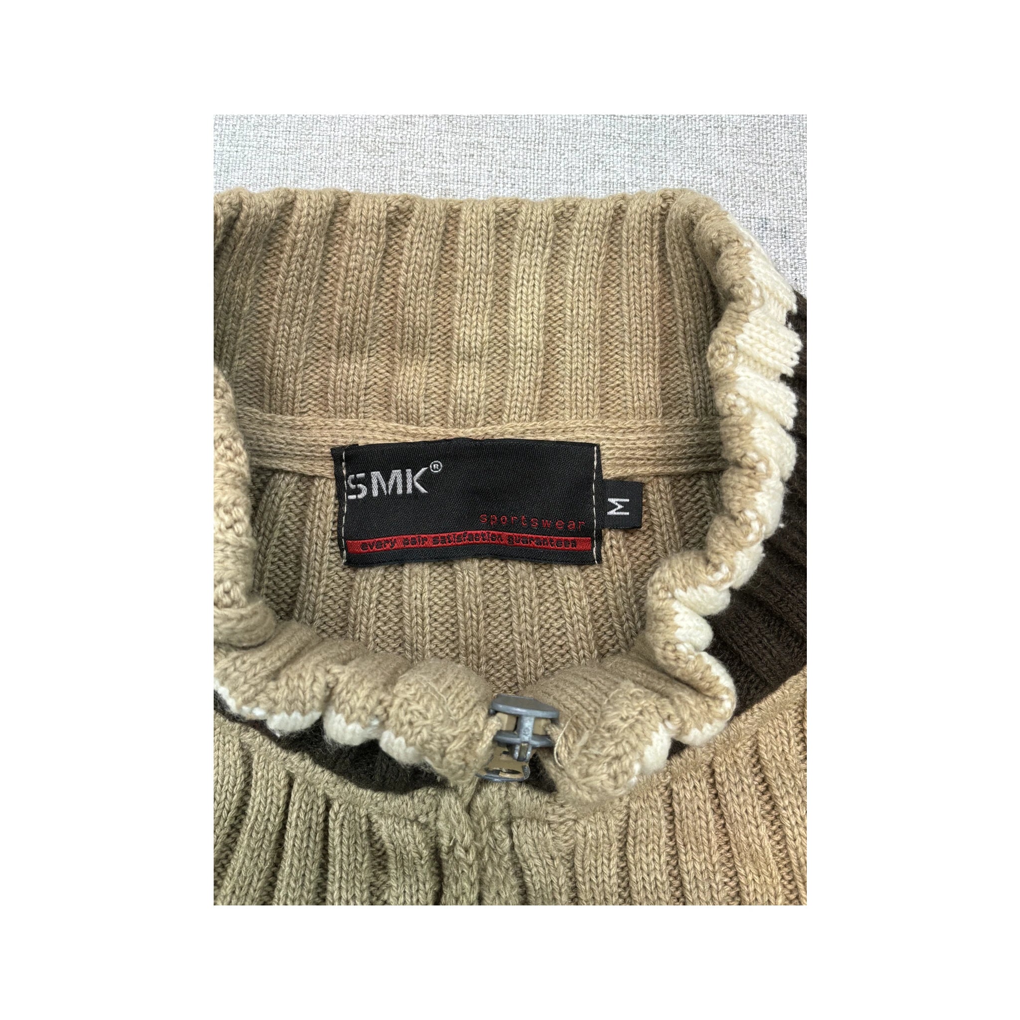 SMK Color Block Rib Knit Wool Blend Zip-Up Sweater