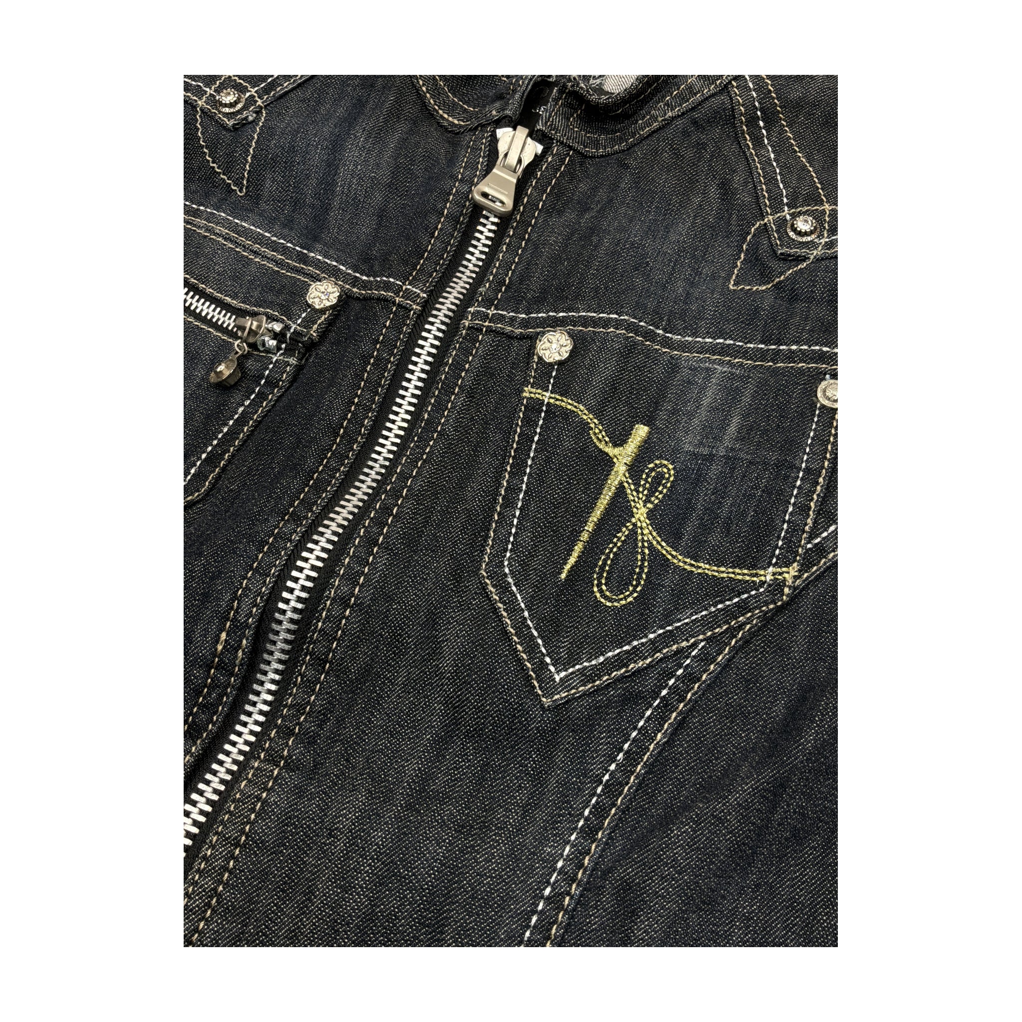 EDERA Jeans Dark Wash Zip-Up Denim Jacket with Gold Embroidery
