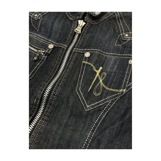 EDERA Jeans Dark Wash Zip-Up Denim Jacket with Gold Embroidery