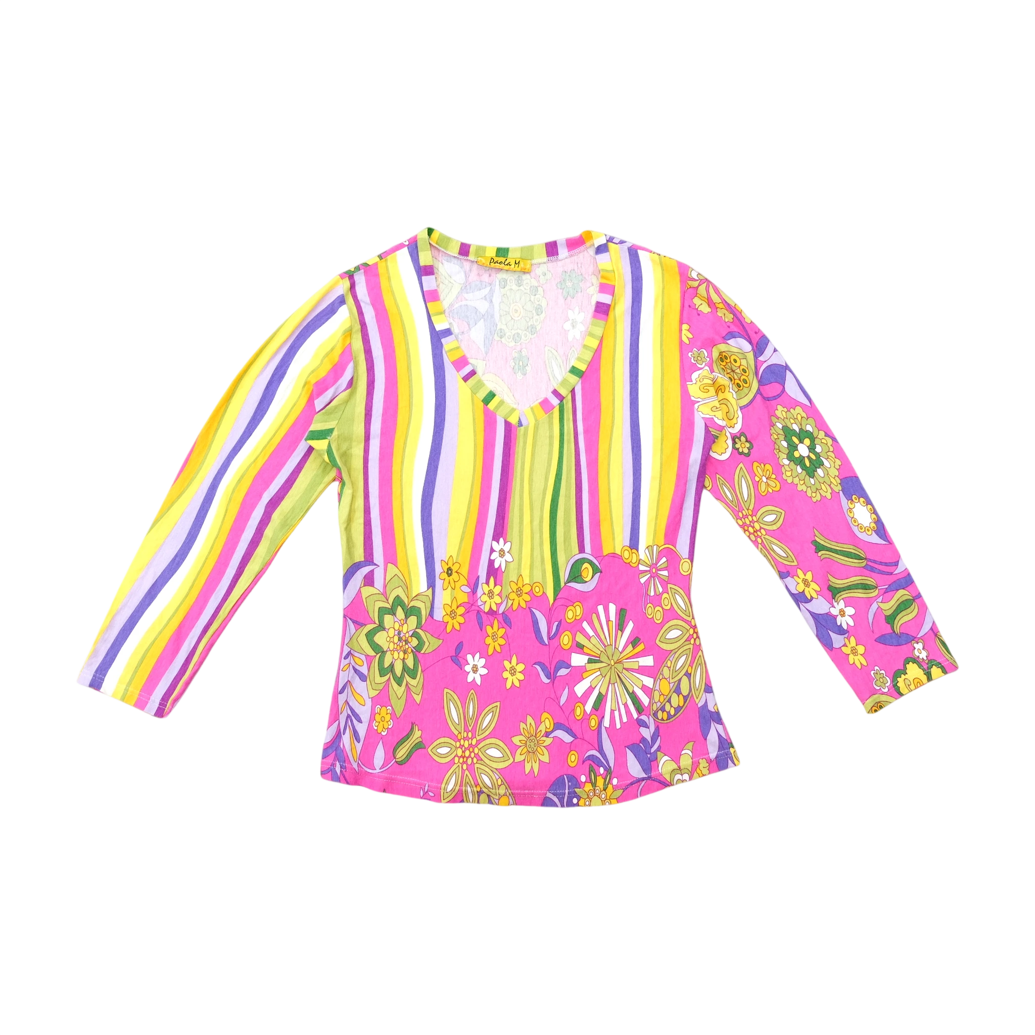 Paola M Pink Floral & Striped V-Neck Long Sleeve Top