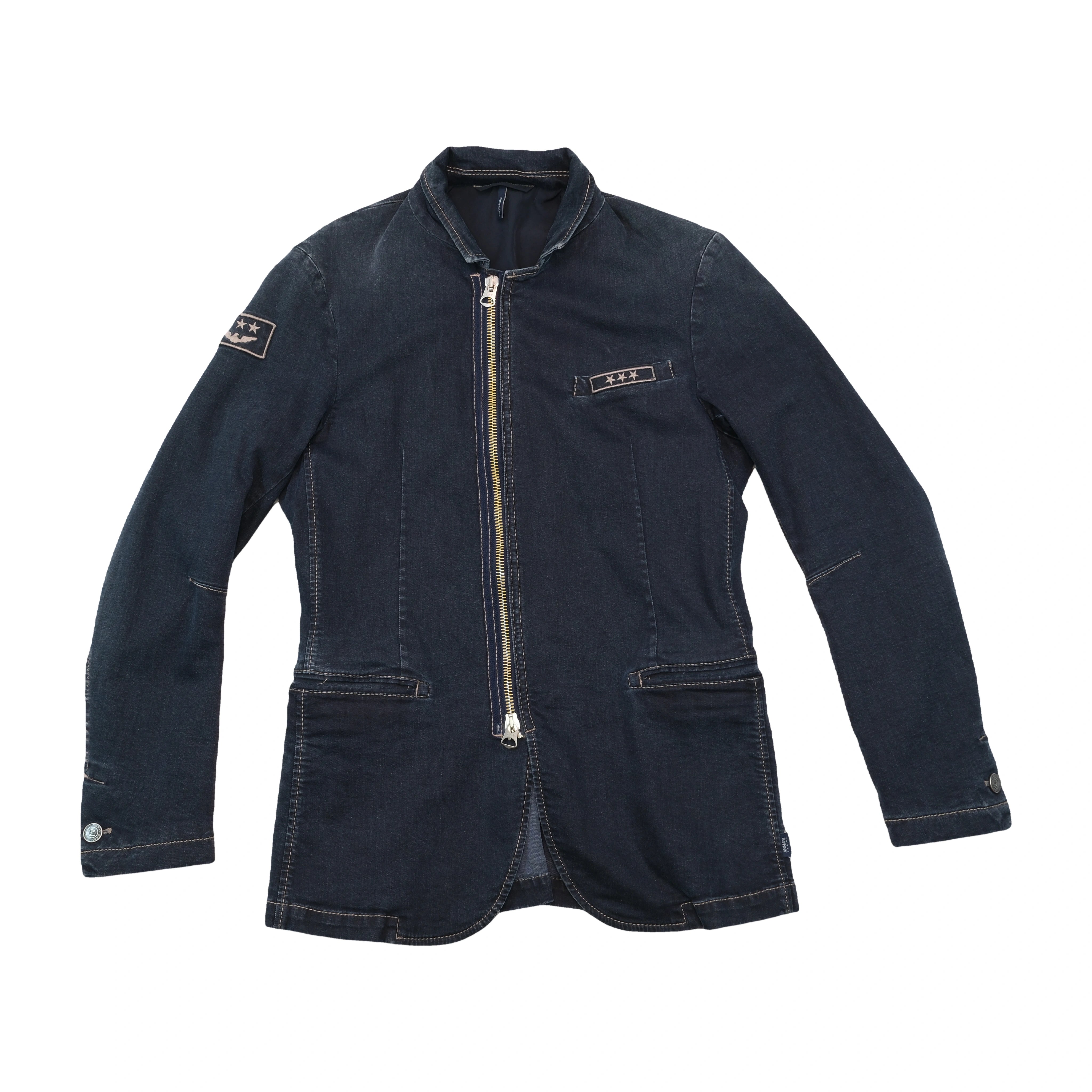 Armani Jeans Dark Wash Denim Zip Jacket with Logo Patches