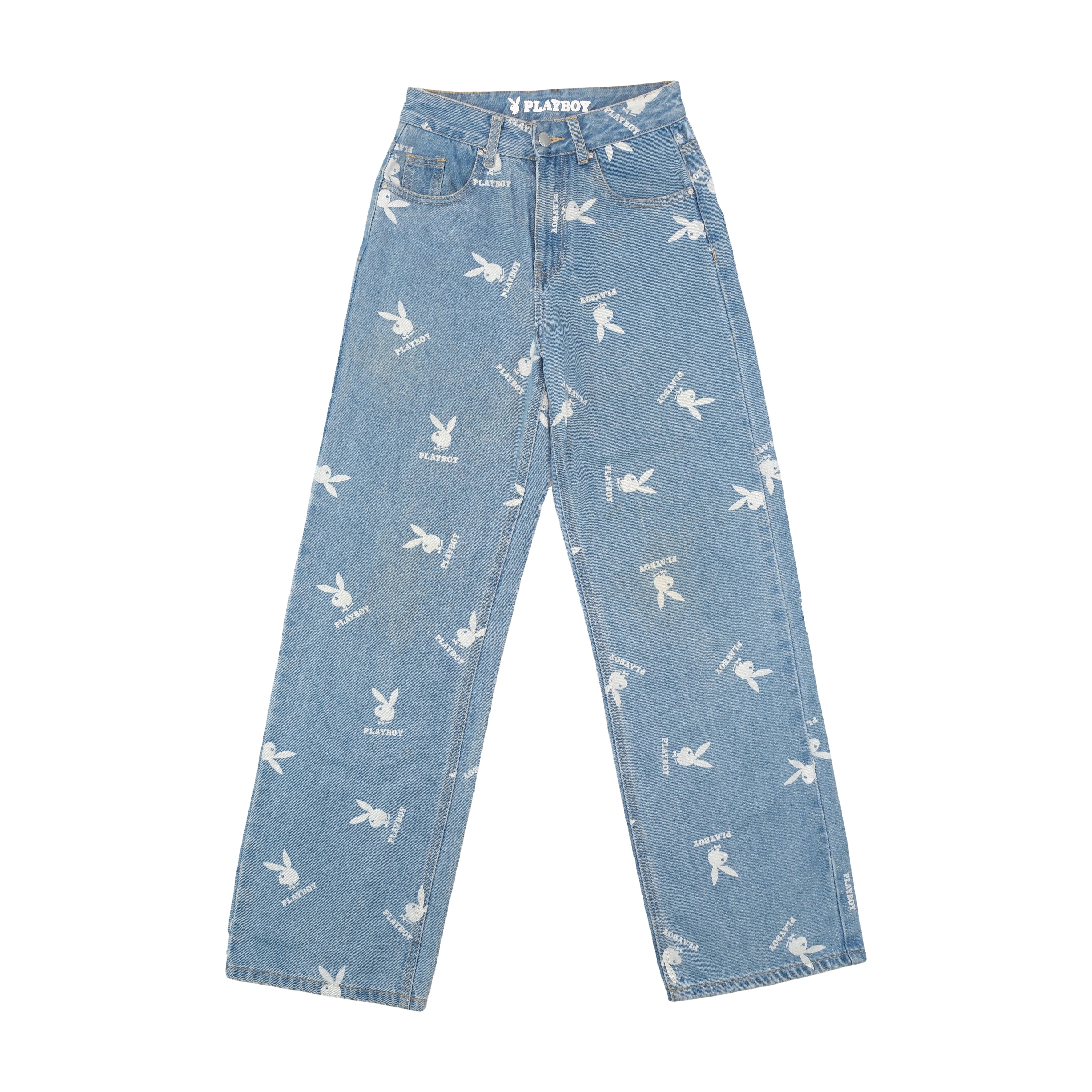 Playboy Allover Bunny Logo Print Wide Leg Denim Jeans