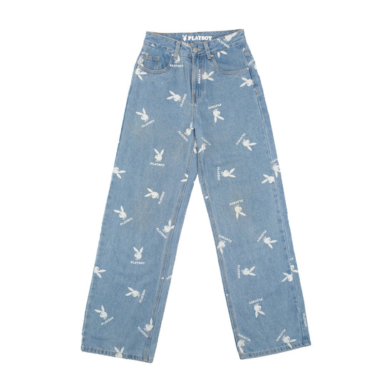 Playboy Allover Bunny Logo Print Wide Leg Denim Jeans