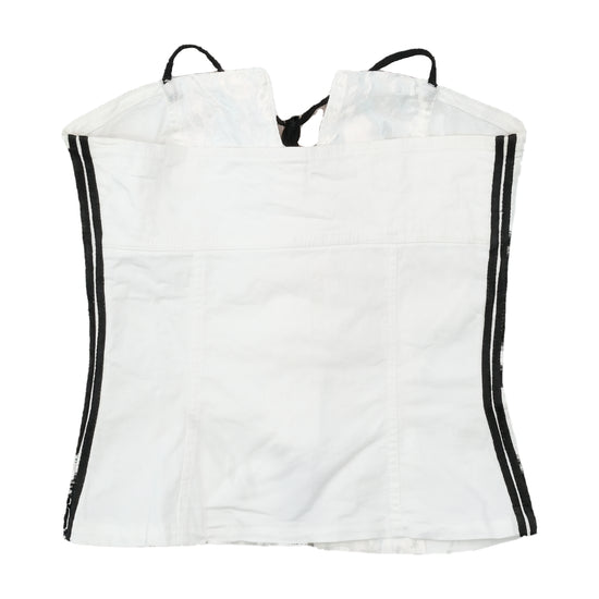 White Corset Top with Black Striped Trim and Lace-Up Detail (Festa Branca)