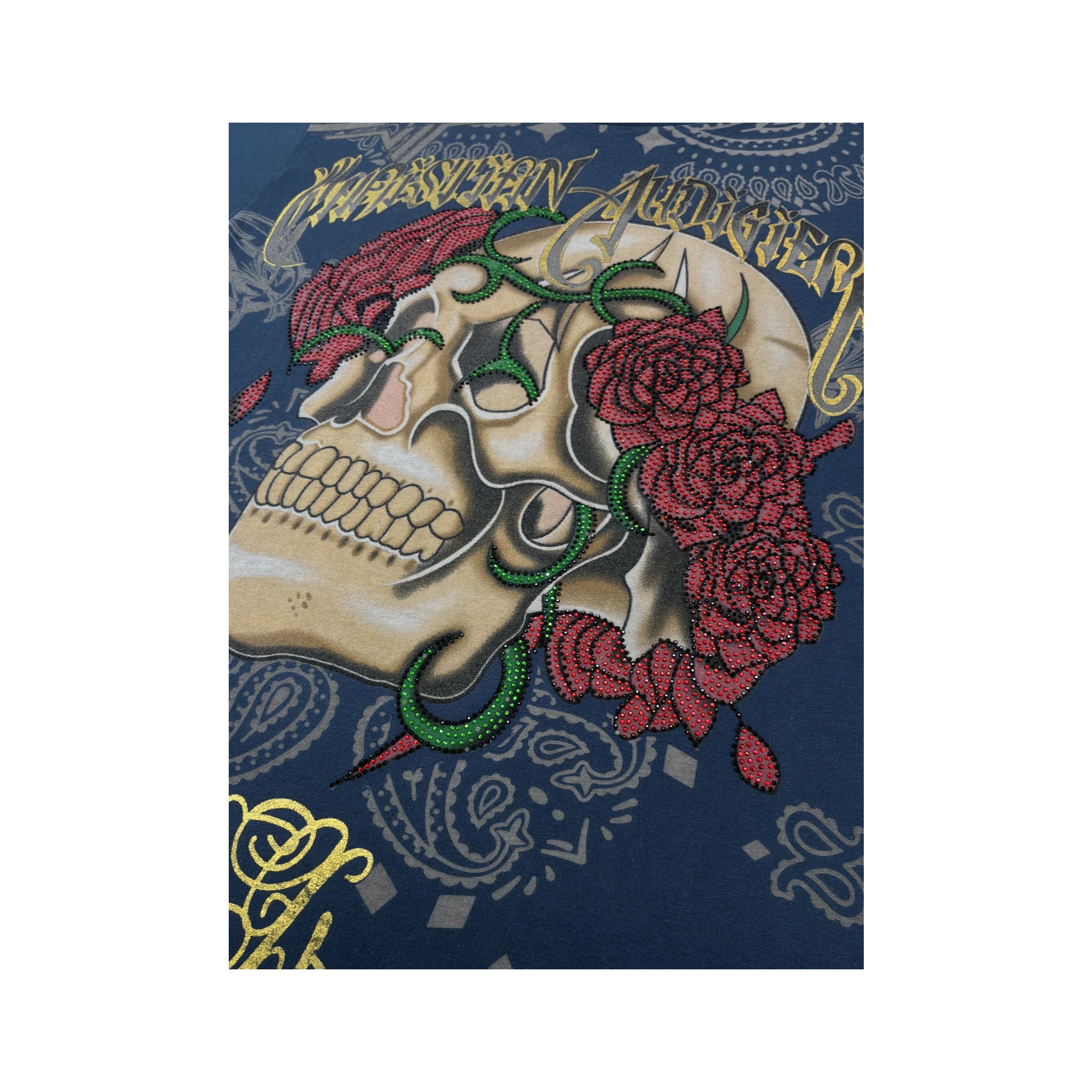 T-shirt Christian Audigier com strass e estampado de Caveira e rosa