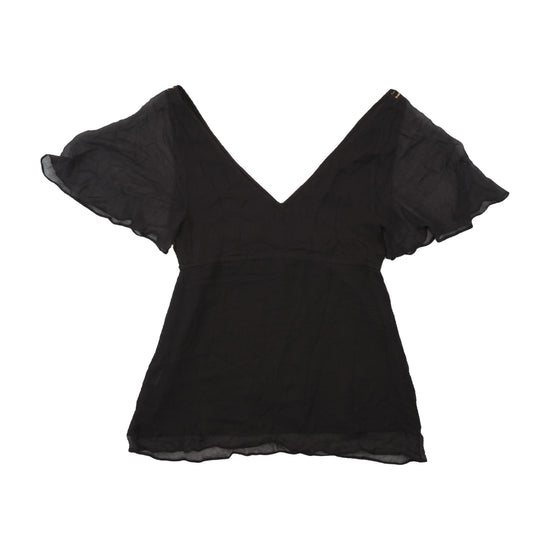 Black Silk Sequin Embellished Flutter Sleeve Blouse