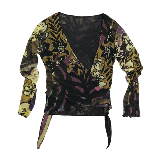 Blusa Cruzada Transparente roxa em Rede com estampado floral abstrato e Cintura de Atar