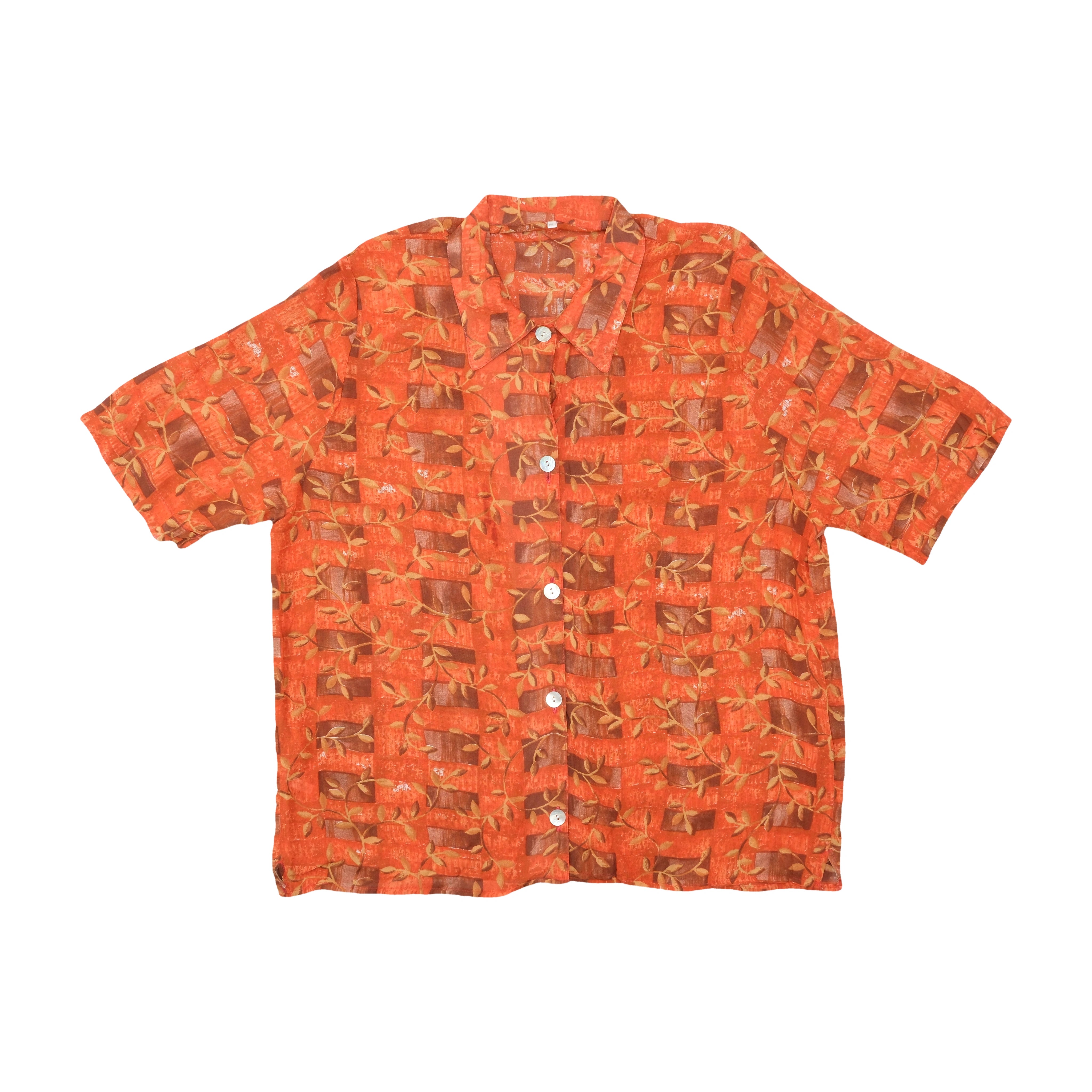 Orange & Brown Leaf Print Short Sleeve Button Up Shirt