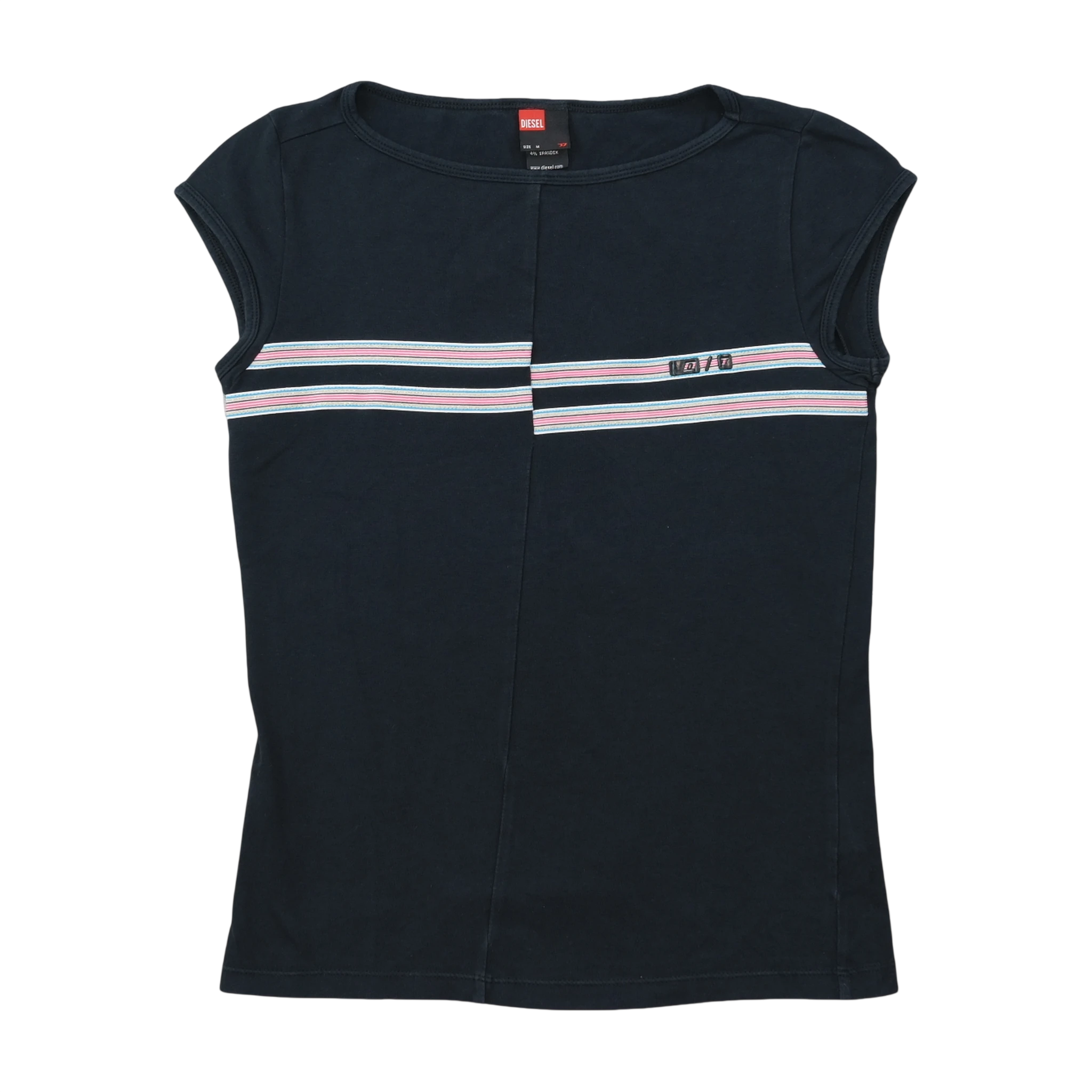 Diesel Black Striped Chest Logo Cap Sleeve Stretch Shirt (M)