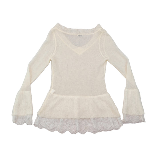 Conbipel Mohair Lace Hem V-Neck Sweater