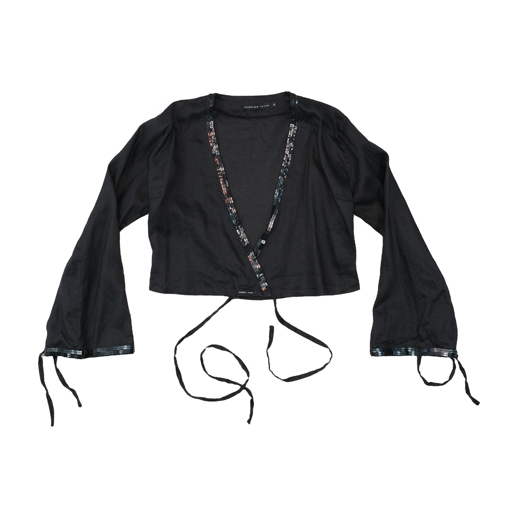 Americo Tavar Embellished V-Neck Tie Front Cropped Blouse