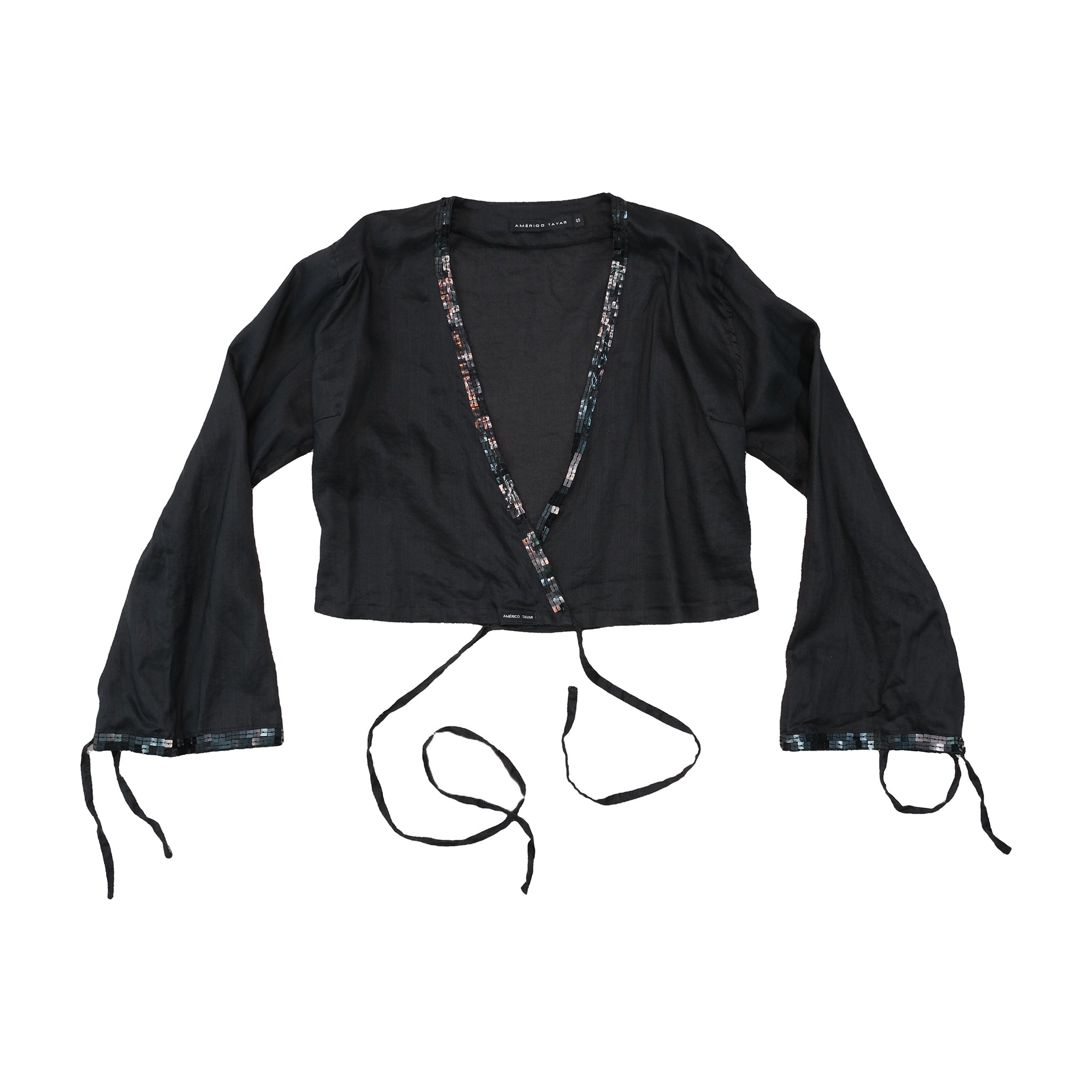 Americo Tavar Embellished V-Neck Tie Front Cropped Blouse