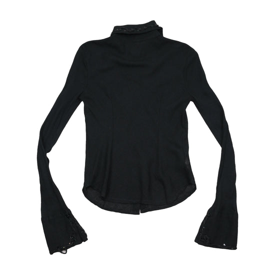 Black Sheer Wool Button-Up Shirt with Lace Trim Cuffs