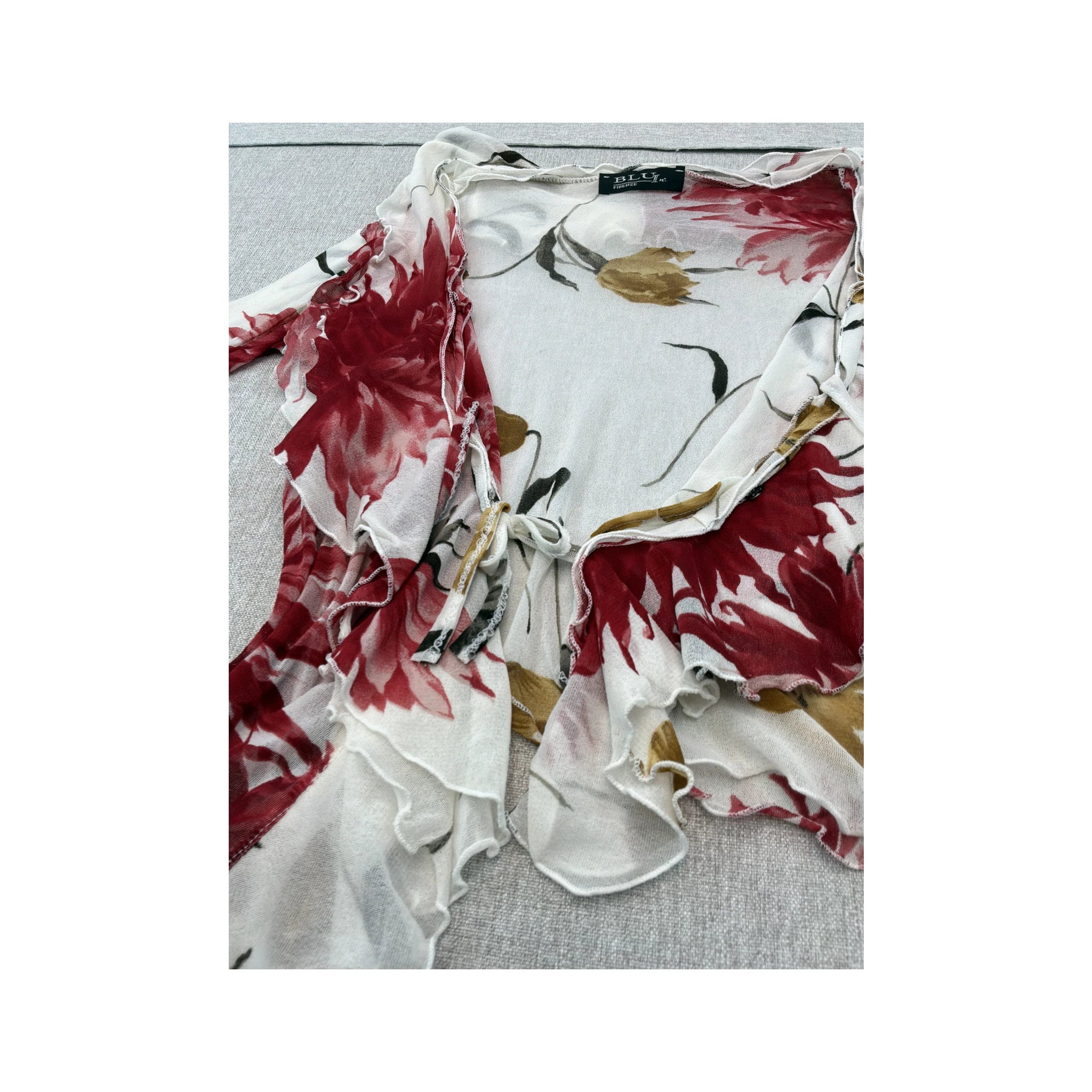 BLU In Firenze Sheer Floral Ruffle Tie Front Blouse