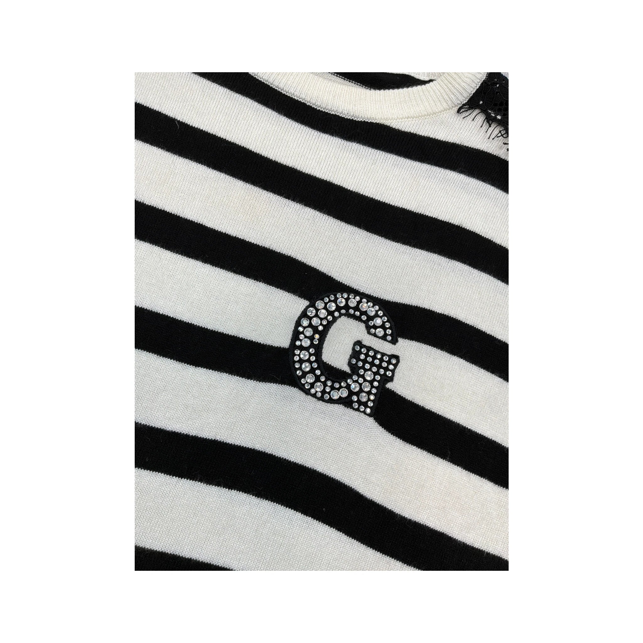 Guess Black and White Striped Lace-Trim Rhinestone G Knit Sweater