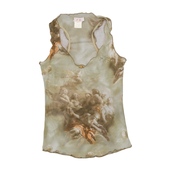 Vintage Sheer Cherub Print Mesh Tank Top