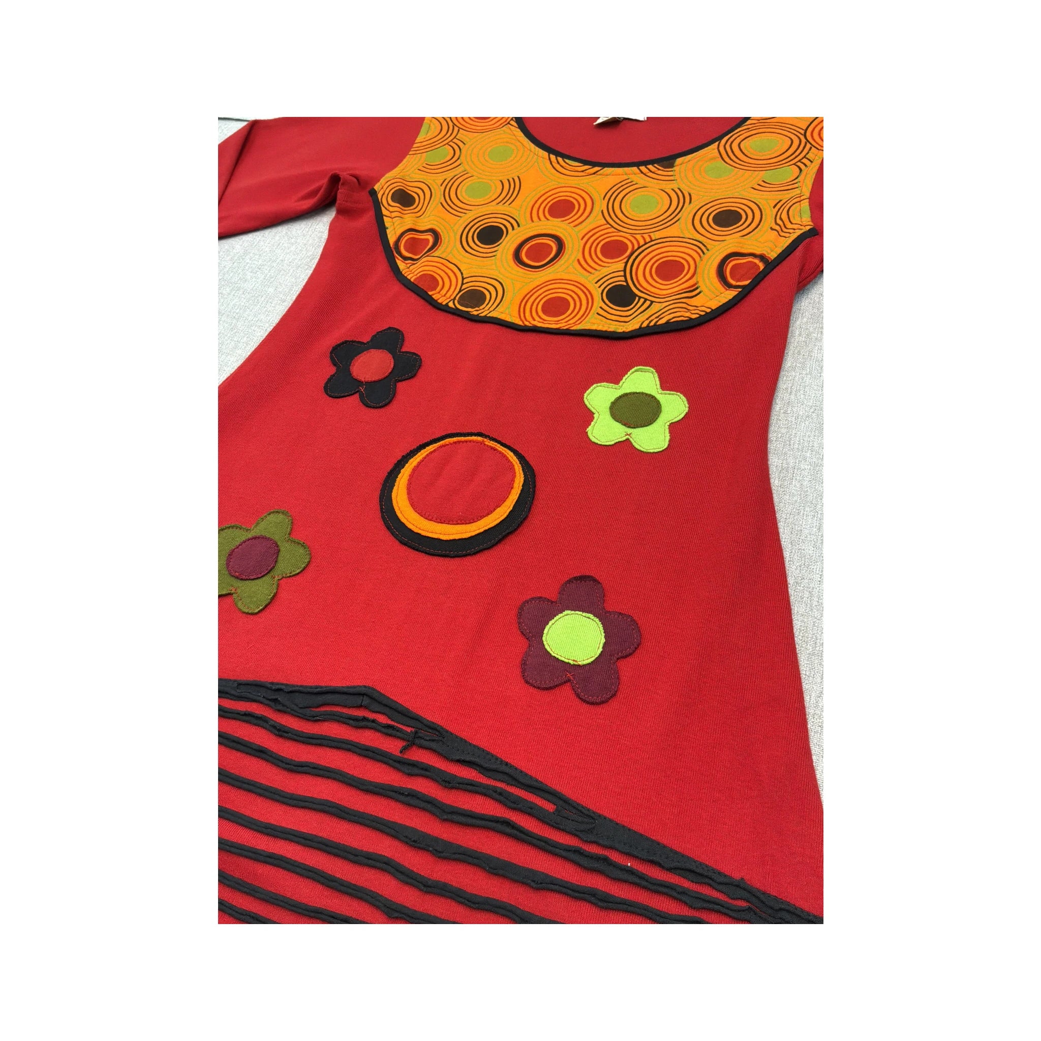 ANQA Fashion Vintage Red Retro Appliqué Long Sleeve Dress
