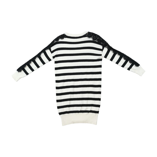 Guess Black and White Striped Lace-Trim Rhinestone G Knit Sweater