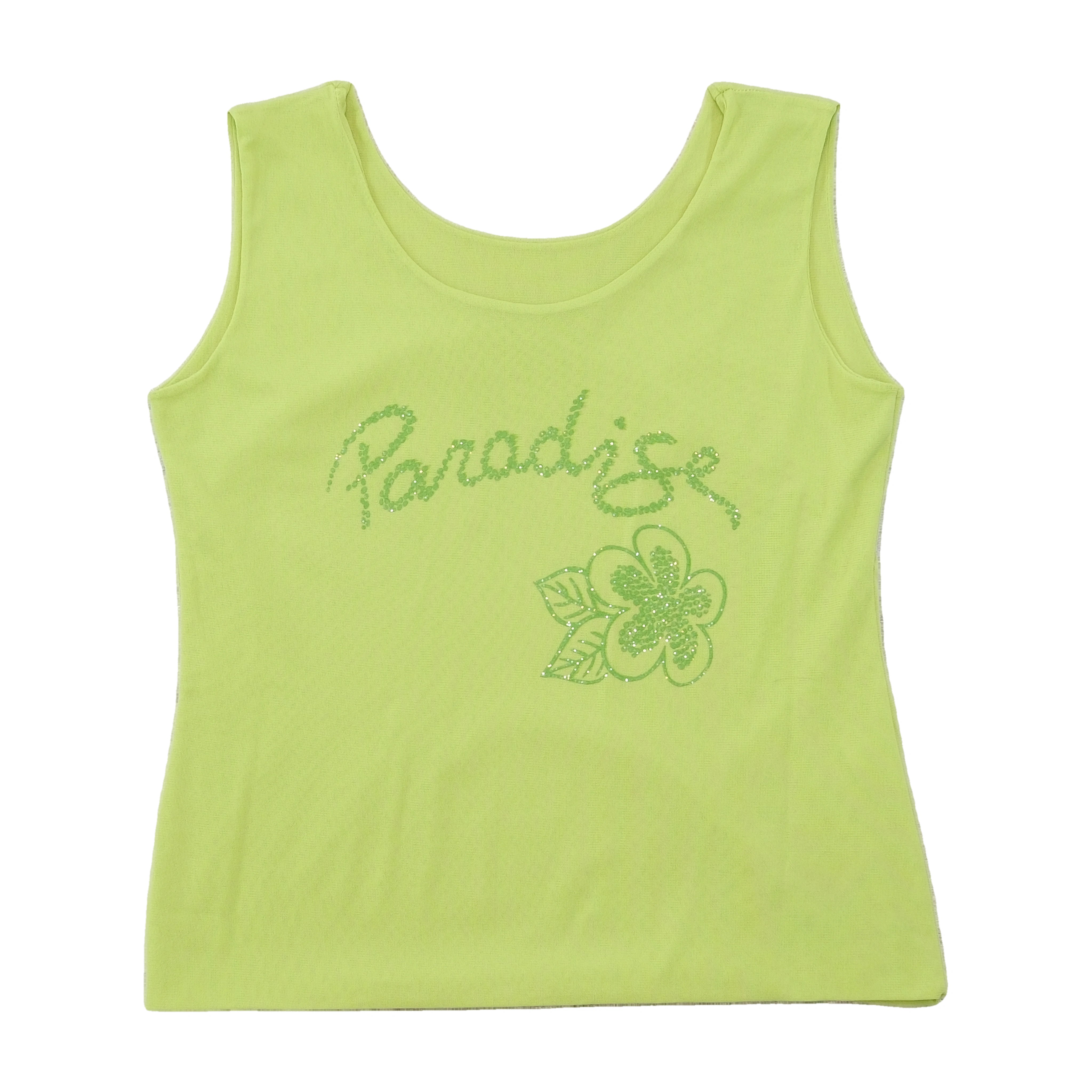 Y2K Lime Green Glitter Paradise Floral Cotton Tank Top